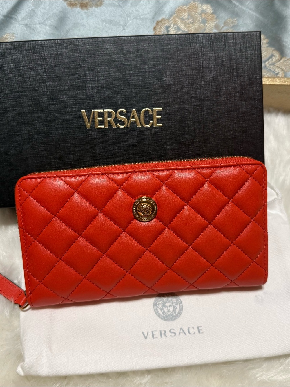 New! Versace Orange Quilted Leather Zip Wallet with Gold Medallion